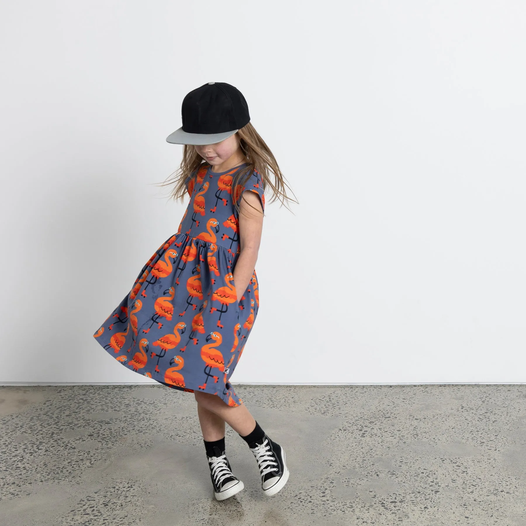 Minti Rolling Flamingos Dress - Dark Blue