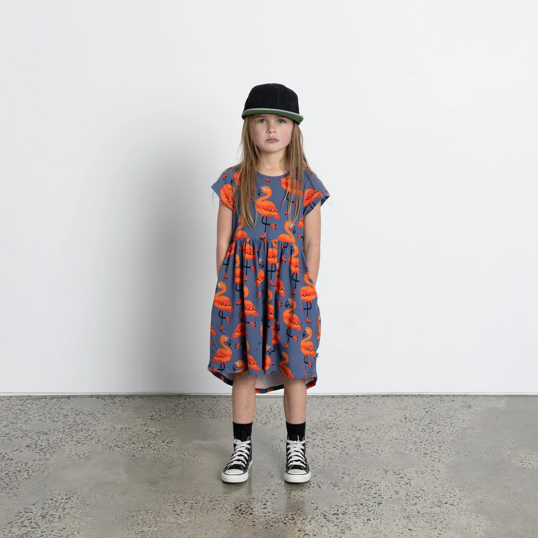 Minti Rolling Flamingos Dress - Dark Blue