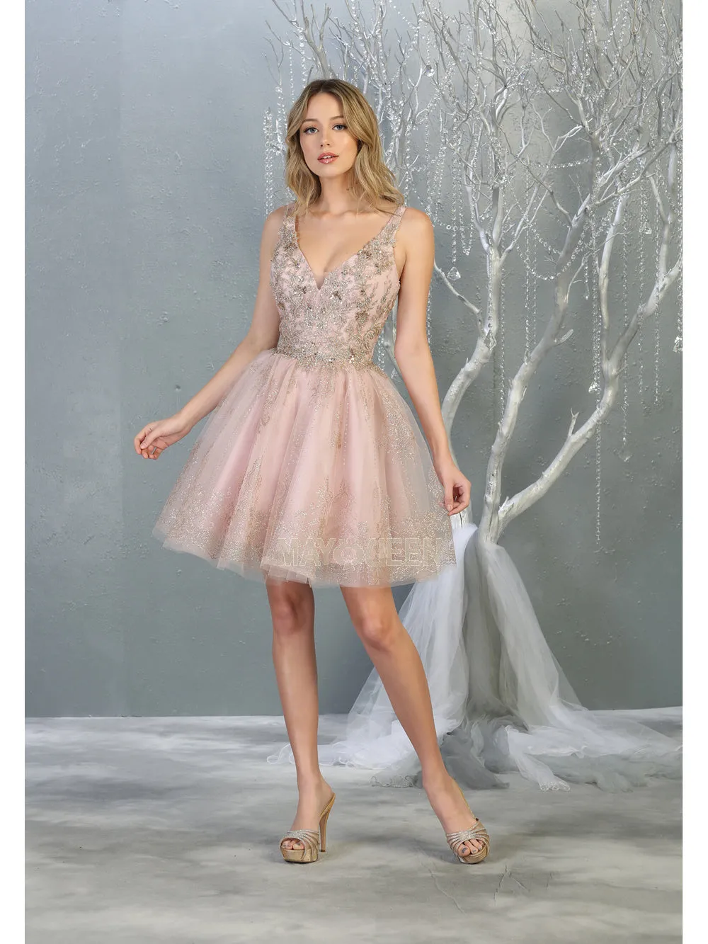 MQ 1817 - A-Line Homecoming Dress with Lace Applique V-Neck Bodice & Glitter Tulle Skirt Accented with Lace