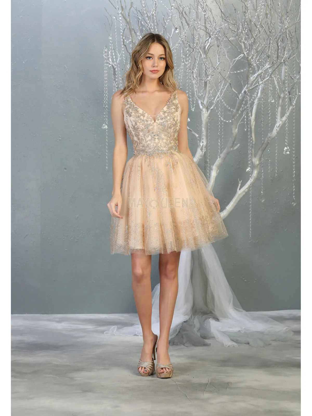 MQ 1817 - A-Line Homecoming Dress with Lace Applique V-Neck Bodice & Glitter Tulle Skirt Accented with Lace