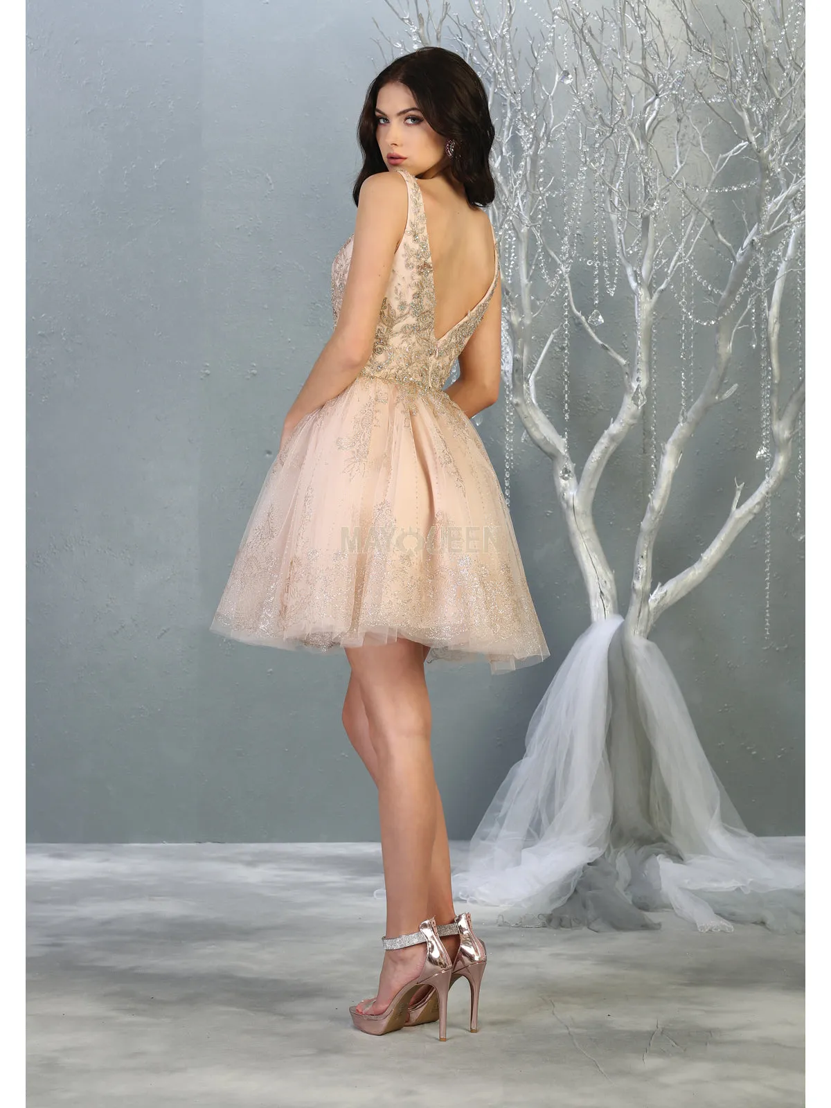 MQ 1817 - A-Line Homecoming Dress with Lace Applique V-Neck Bodice & Glitter Tulle Skirt Accented with Lace