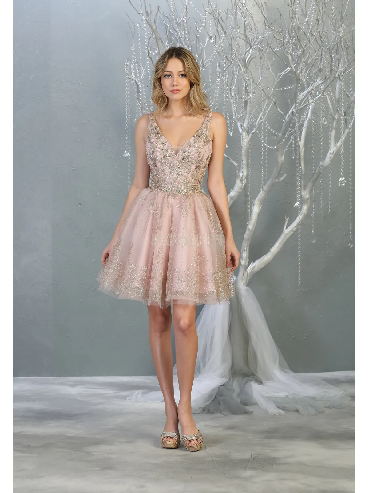 MQ 1817 - A-Line Homecoming Dress with Lace Applique V-Neck Bodice & Glitter Tulle Skirt Accented with Lace