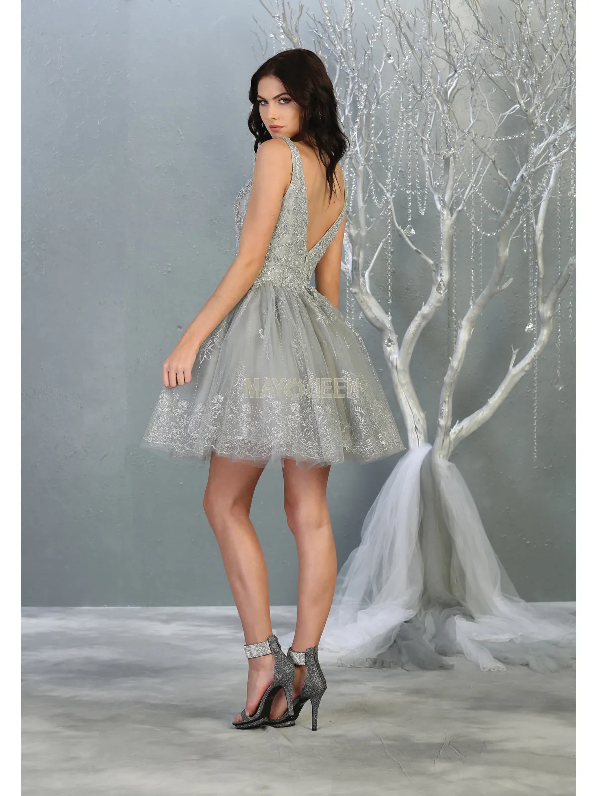 MQ 1817 - A-Line Homecoming Dress with Lace Applique V-Neck Bodice & Glitter Tulle Skirt Accented with Lace