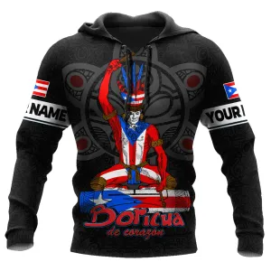 Personalized Puerto Rico Boricua De Corazón All Over Printed Hoodie Shirts