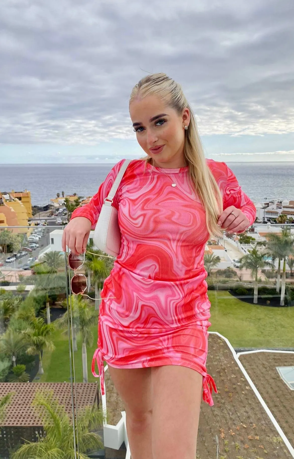 Pink Marble Print Long Sleeves Ribbed Ruched Dress