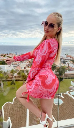 Pink Marble Print Long Sleeves Ribbed Ruched Dress