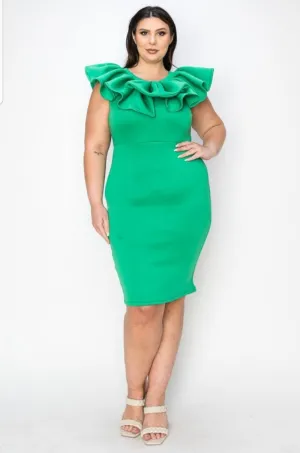Plus Size Ruffled Neck Detail Sleeveless Midi Bodycon Dress