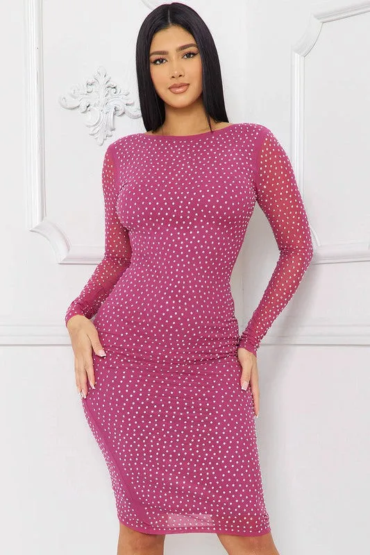 Rose Violet Translucent Rhinestone Midi Dress