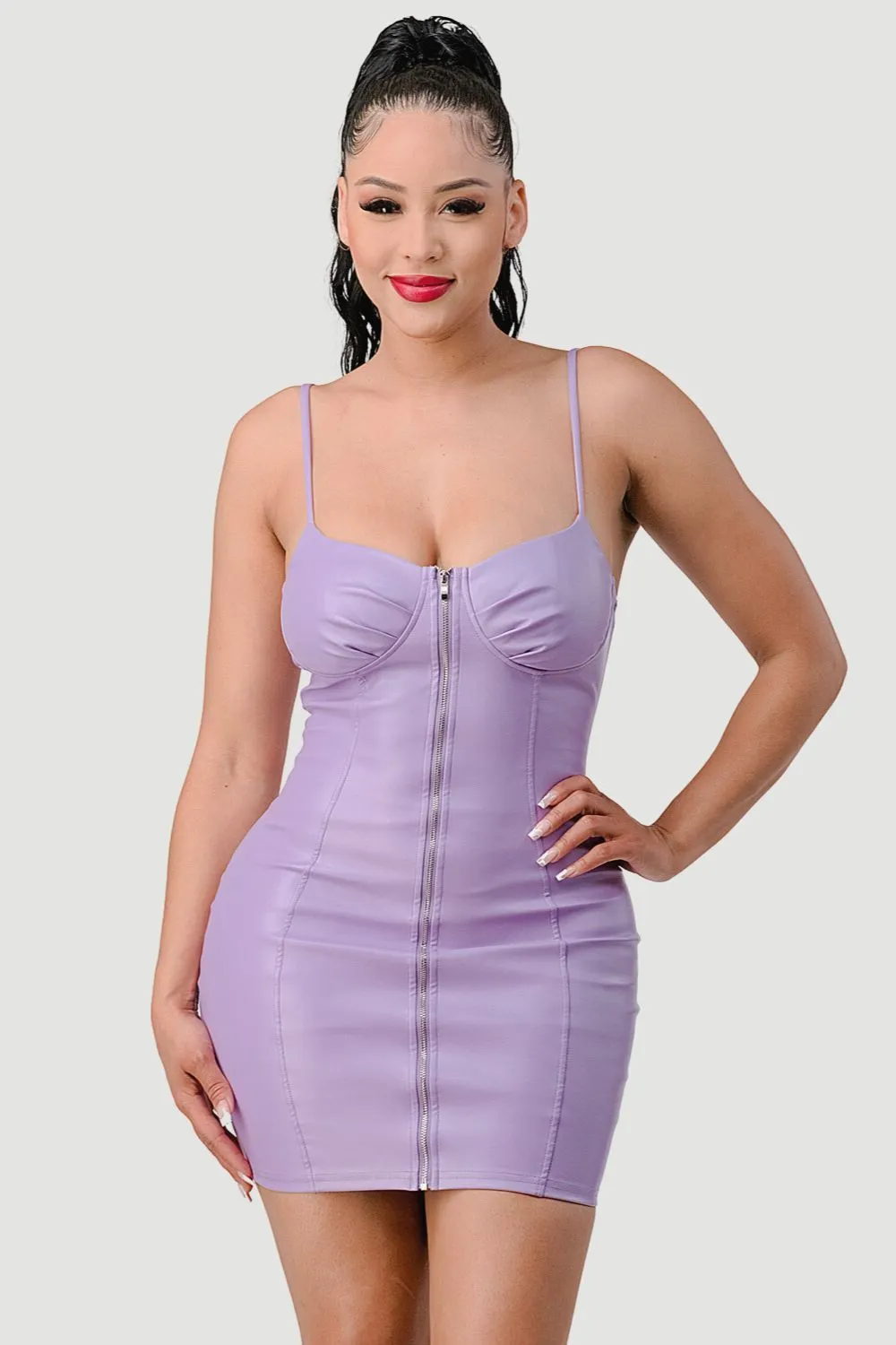 SEXY PU ZIPUP SWEETHEART BODYCON MINI DRESS