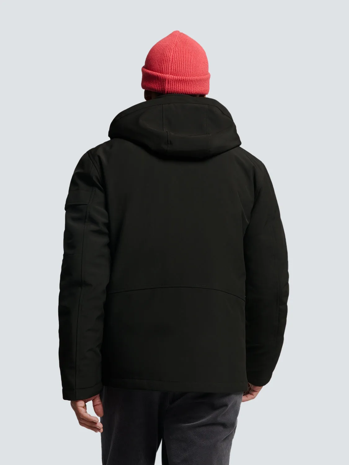 Short Softshell Jacket with Hood, Stretch, and Sleeve Pocket: Functional and Stylish | Black