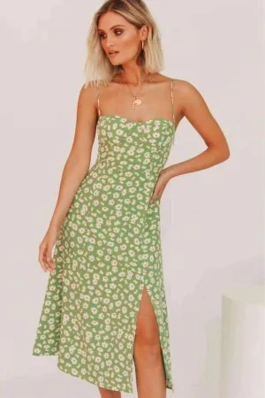 Shoulder Tie Leg Slit Floral Print Slip Dress