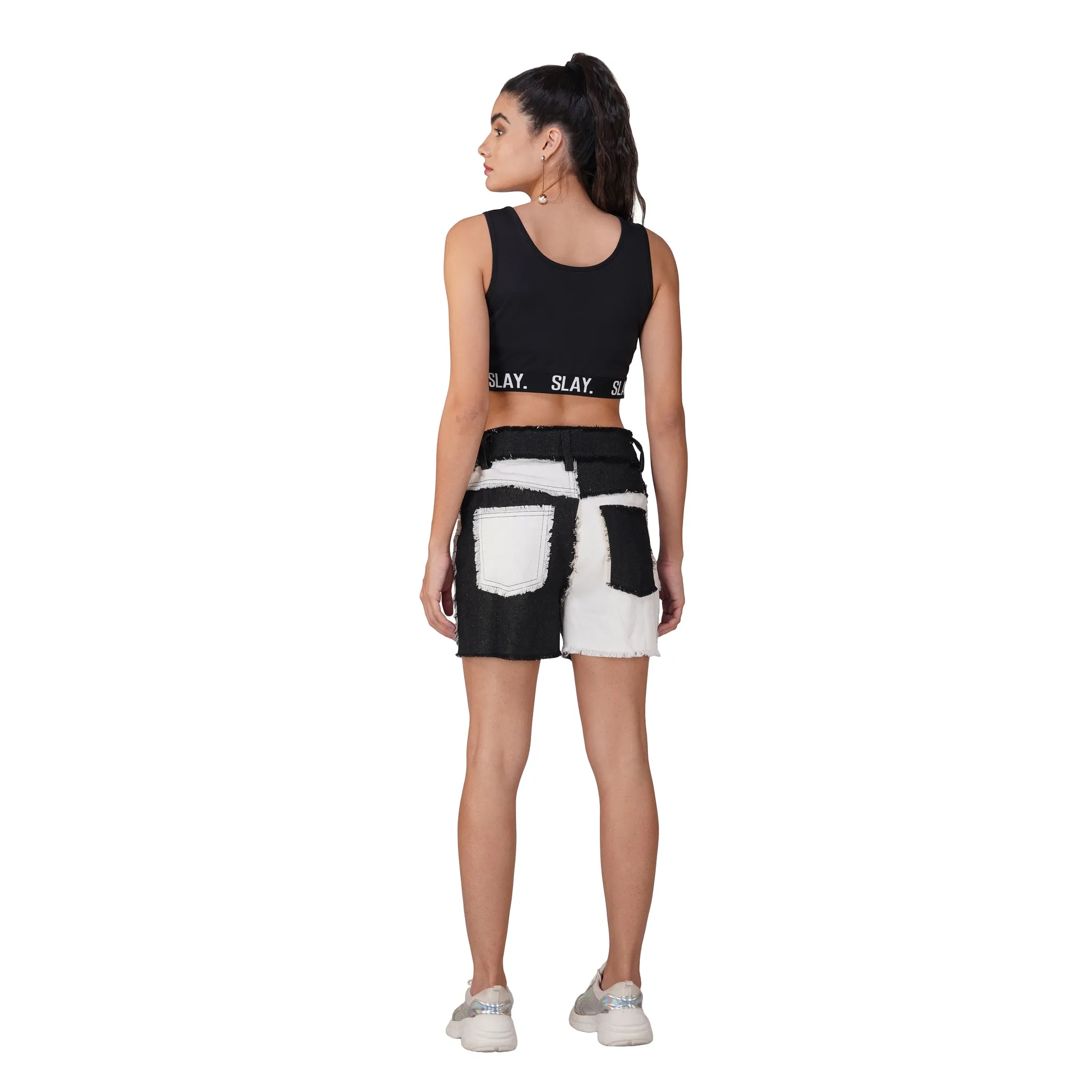 SLAY. Women's Raw Edge Colourblock Black & White Denim Shorts
