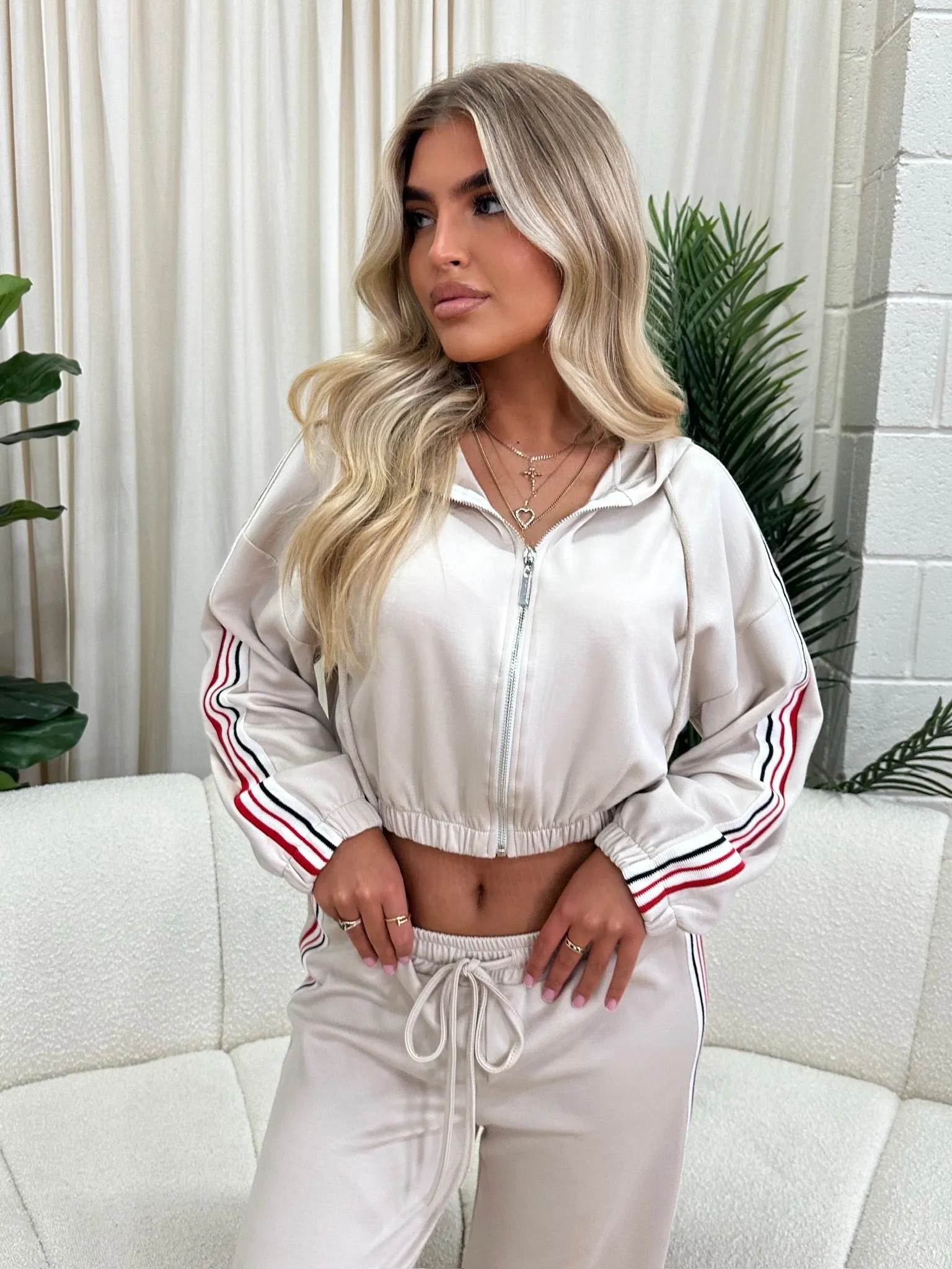 Thea beige stripe zip up lounge set
