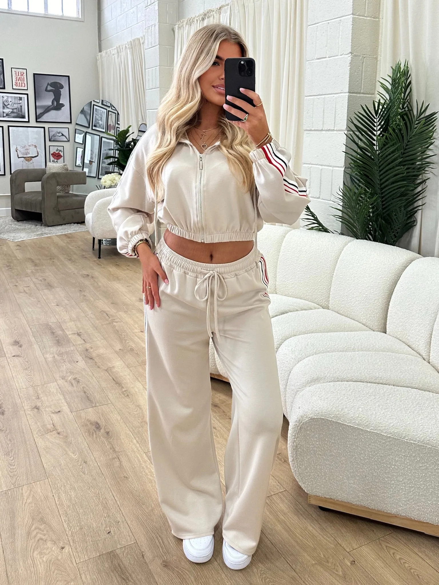 Thea beige stripe zip up lounge set