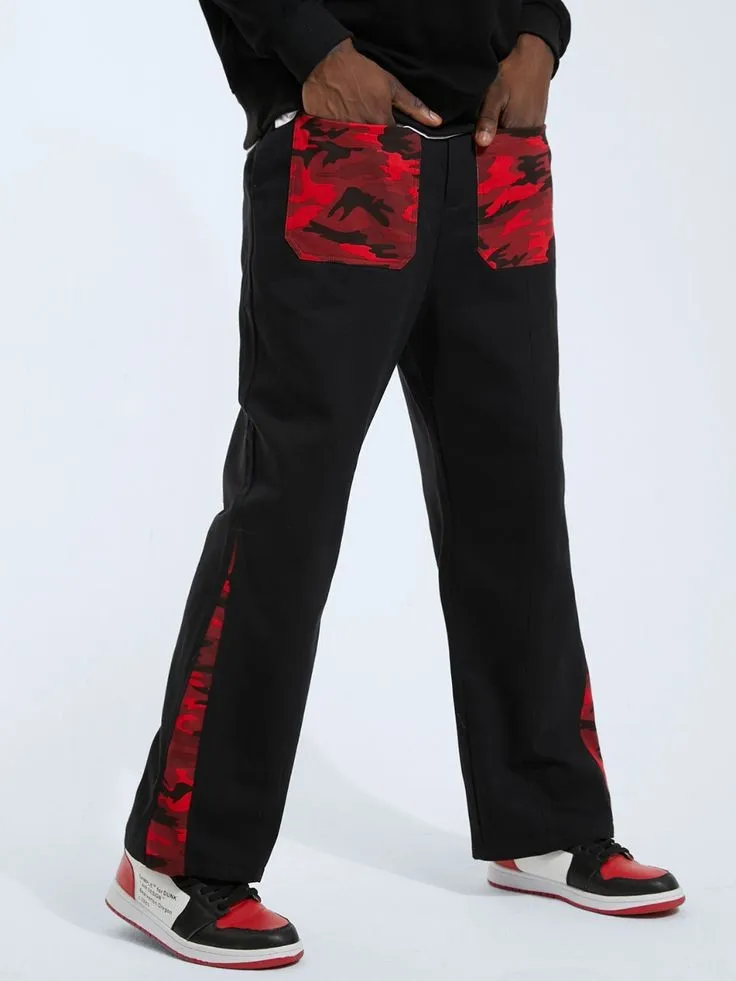 Trendy Streetwear Camo Patchwork Straight Fit Baggy Joggers Pant For Mens