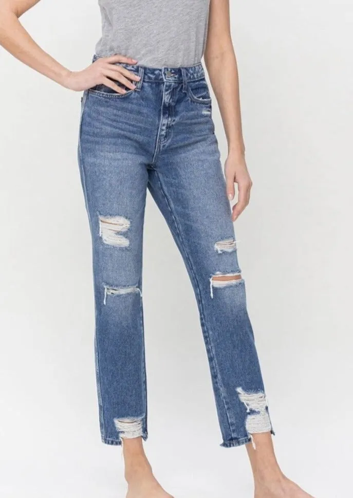 Ultra High Rise Straight Leg Distressed Jeans