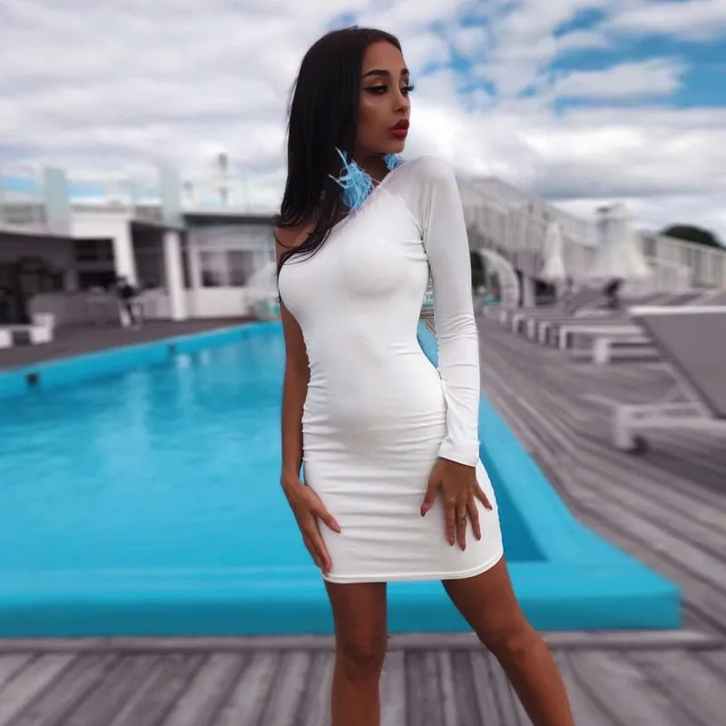 VenusFox Hugcitar cotton one shoulder slope long sleeve high waist sexy bodycon dresses party dress