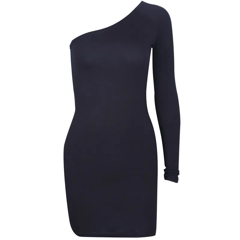 VenusFox Hugcitar cotton one shoulder slope long sleeve high waist sexy bodycon dresses party dress