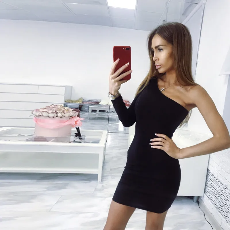 VenusFox Hugcitar cotton one shoulder slope long sleeve high waist sexy bodycon dresses party dress
