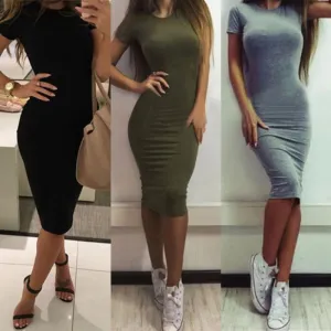 VenusFox Womens Short Sleeve Tunic Crew Neck Casual Pencil Dres Slim Bodycon Dress