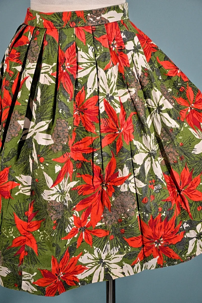 Vintage 50s Poinsettia Floral Novelty Print Skirt, Winter Christmas M