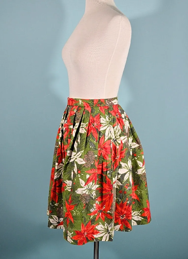 Vintage 50s Poinsettia Floral Novelty Print Skirt, Winter Christmas M