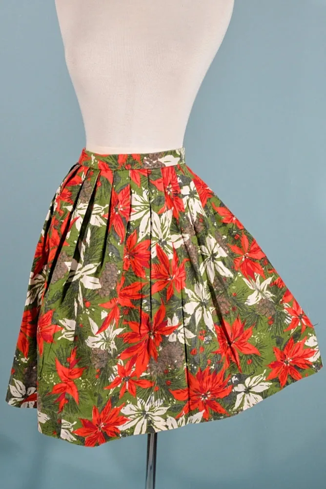 Vintage 50s Poinsettia Floral Novelty Print Skirt, Winter Christmas M