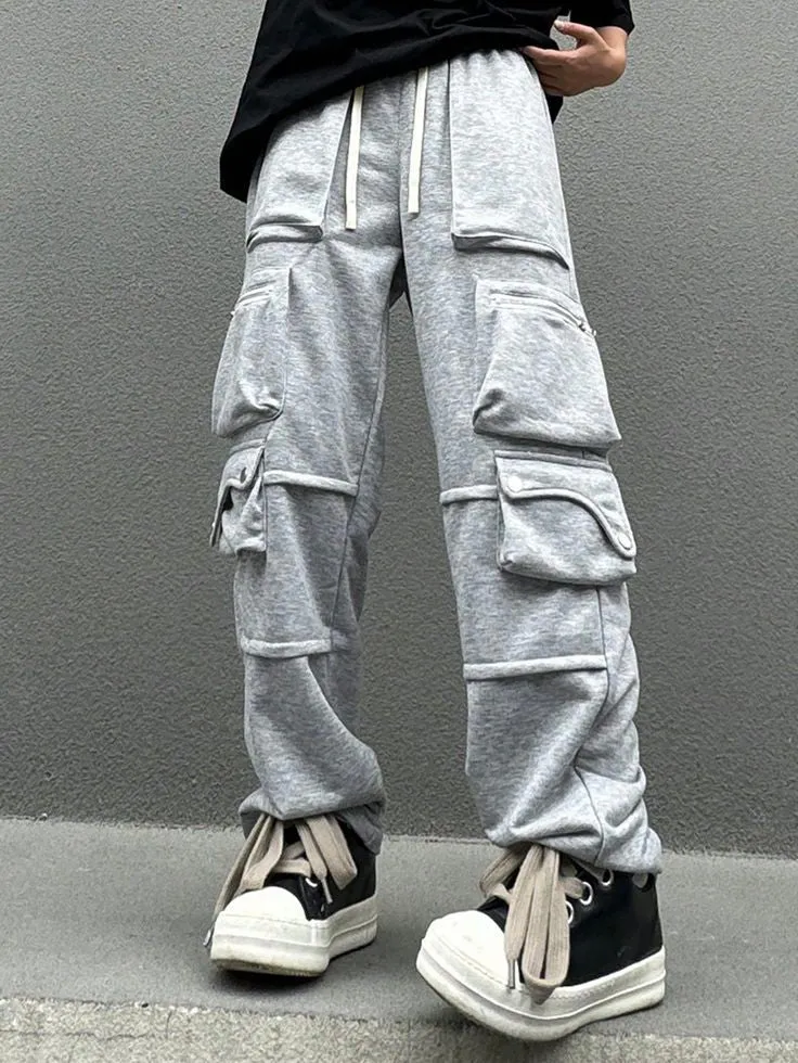 Vintage Urban Style Aesthetic Multi Pocket Baggy High Streetwear Grey Trousers Pant For Mens