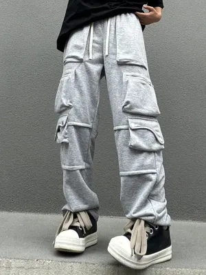 Vintage Urban Style Aesthetic Multi Pocket Baggy High Streetwear Grey Trousers Pant For Mens